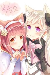 2girls animal_ears aristocratic_clothes blonde_hair cat_ears cat_girl dated drill_hair elise_(fire_emblem) fire_emblem fire_emblem_fates hairband japanese_clothes multicolored_hair multiple_girls nintendo pink_eyes pink_hair purple_eyes purple_hair sakura_(fire_emblem) streaked_hair twin_drills white_hairband yoshi_(taiko7)