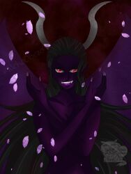 Rule 34 | 1girl, black hair, colored skin, commentary, crossed arms, devil child, english commentary, falling petals, fingernails, highres, horns, long hair, looking at viewer, nekoobeso, nico robin, one piece, petals, purple petals, purple skin, red eyes, sidelocks, smile, solo, twitter username, upper body, watermark, wings