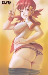 Rule 34 | 1girl, absurdres, artist name, ass, breasts, clothes pull, creatures (company), game freak, grin, hand on own hip, highres, large breasts, legs, looking at viewer, looking back, low twintails, nintendo, pink eyes, pink hair, pokemon, pokemon hgss, seductive smile, shirt, shorts, shorts pull, sideboob, smile, solo, thick thighs, thighs, thong, twintails, v, whitney (pokemon), zilvan