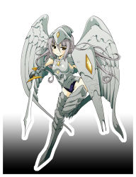 Rule 34 | absurdres, angel, angel wings, armor, armored dress, armpits, breastplate, frown, gauntlets, greaves, grey hair, highres, hoshino souichirou, long hair, magic: the gathering, metal wings, personification, plate armor, platinum angel, school swimsuit, shield, solo, swimsuit, sword, thighhighs, weapon, wings, yellow eyes, zettai ryouiki