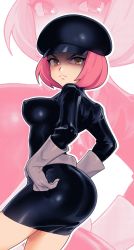 Rule 34 | 1girl, absurdres, ass, black dress, black hat, breasts, cabbie hat, closed mouth, covered erect nipples, creatures (company), dress, elbow gloves, frown, game freak, gloves, grey gloves, hands on own hips, hat, highres, large breasts, long sleeves, looking at viewer, nintendo, outline, pink background, pink hair, pokemon, pokemon hgss, sexynomicon, shaded face, short dress, short hair, solo, team rocket, team rocket grunt, team rocket uniform, thick eyebrows, turtleneck, v-shaped eyebrows, white background, white outline, yellow eyes, zoom layer