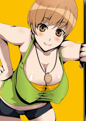 Rule 34 | 1girl, alternate breast size, atlus, bad id, bad pixiv id, bike shorts, blush, breasts, brown eyes, brown hair, cleavage, covered erect nipples, hand on own hip, hip focus, huge breasts, jewelry, leaning forward, miyamoto issa, pendant, persona, persona 4, satonaka chie, shirt, short hair, smile, solo, tank top, taut clothes, taut shirt, tomboy