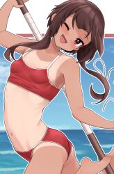 Rule 34 | 1girl, ass, bad anatomy, bare shoulders, bikini, blue sky, blush, breasts, brown hair, collarbone, commentary request, highres, jampen, kono subarashii sekai ni shukufuku wo!, looking at viewer, megumin, navel, ocean, one eye closed, open mouth, red bikini, short hair with long locks, sidelocks, sky, small breasts, smile, solo, staff, swimsuit, tan, tanline, thighs