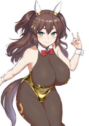 Rule 34 | 1girl, animal ears, black bodysuit, blush, bodysuit, bow, bowtie, breasts, brown hair, cleavage, closed mouth, commentary request, detached collar, ear covers, embarrassed, fox shadow puppet, gold leotard, green eyes, groin, hair between eyes, hair ornament, highres, horse ears, horse girl, horse tail, huge breasts, inari one (fields of gold) (umamusume), inari one (umamusume), large breasts, leotard, long hair, looking at viewer, nontraditional playboy bunny, official alternate hairstyle, red bow, red bowtie, smile, solo, strapless, strapless leotard, tail, two side up, umamusume, wrist cuffs, yellow leotard, yuugatou (yuuzutu)