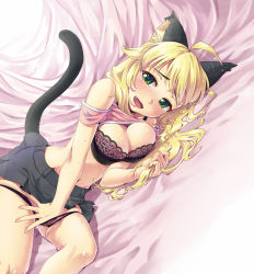 Rule 34 | 1girl, ahoge, animal ears, bed sheet, blonde hair, blush, bra, breasts, cat ears, cat tail, cleavage, clothes lift, curvy, dutch angle, fang, green eyes, hakkaku shikimi, hand in panties, holding, holding own hair, hoshii miki, idolmaster, idolmaster (classic), in heat, jpeg artifacts, large breasts, lingerie, long hair, lying, navel, on side, open mouth, panties, panty pull, pussy juice, pussy juice stain, shirt lift, skirt, solo, sweat, tail, tears, underwear, wet, wet clothes, wet panties