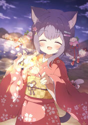 Rule 34 | 1girl, animal ears, beach, blurry, blurry background, cat ears, cat girl, cat tail, commission, green eyes, hair ornament, highres, holding fireworks, japanese clothes, kimono, original, purple hair, red kimono, sash, skeb commission, smile, tail, tyakomes