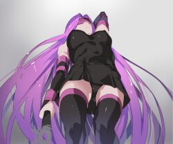 Rule 34 | 1girl, black panties, blindfold, covered erect nipples, covered navel, fate/stay night, fate (series), gluteal fold, long hair, medusa (fate), medusa (rider) (fate), panties, purple hair, simple background, solo, underwear, upper body, very long hair, ycco (estrella)