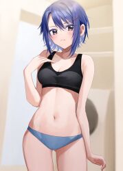 Rule 34 | 1girl, absurdres, akira (jitsuimo), arms at sides, black sports bra, blue panties, blush, breasts, chigusa minori, cleavage, closed mouth, collarbone, commentary request, cowboy shot, gluteal fold, hair between eyes, hair ornament, hairclip, hand up, highres, indoors, jitsu wa imouto deshita., looking at viewer, medium breasts, navel, novel illustration, official art, panties, purple eyes, purple hair, second-party source, short hair, sidelocks, skindentation, solo, sports bra, stomach, sweatdrop, underwear, underwear only