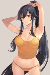 Rule 34 | 1girl, adjusting hair, armpits, black hair, blush, breasts, brown eyes, closed mouth, collarbone, cowboy shot, grey background, hair between eyes, highres, holding, holding own hair, kantai collection, kasumi (skchkko), large breasts, long hair, navel, ponytail, simple background, smile, solo, very long hair, yahagi (kancolle)