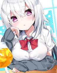 Rule 34 | 1girl, absurdres, arm rest, black cardigan, blush, bow, breast rest, breasts, cardigan, closed mouth, collared shirt, cup, dress shirt, drink, drinking glass, fingernails, hair between eyes, hand up, highres, kamioka shun&#039;ya, large breasts, long hair, long sleeves, original, purple eyes, red bow, shiori (kamioka shun&#039;ya), shirt, short sleeves, silver hair, sleeves past wrists, solo, very long hair, white shirt, wine glass