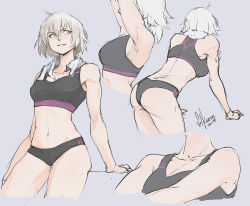 Rule 34 | 2019, alternate costume, arm support, artist name, ass, breasts, cleavage, cowboy shot, cropped hoodie, cropped legs, dated, exercising, fate (series), from behind, grey background, grey hair, hair between eyes, highres, hood, hoodie, jeanne d&#039;arc (fate), jeanne d&#039;arc alter (avenger) (fate), jeanne d&#039;arc alter (fate), looking to the side, medium breasts, multiple views, muscular, muscular female, navel, sketch, solkorra, sports bra, thighs, towel, towel around neck, yellow eyes