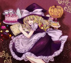 Rule 34 | 1girl, :q, apron, blonde hair, book, cake, candy, chocolate, colored eyelashes, cup, female focus, flower, food, frilled skirt, frills, halloween, hat, hose beniko, jack-o&#039;-lantern, kirisame marisa, lollipop, long skirt, lying, puffy sleeves, pumpkin, rose, short sleeves, skirt, solo, star (symbol), sweets, tea, teacup, teapot, tongue, tongue out, touhou, traditional media, witch, witch hat