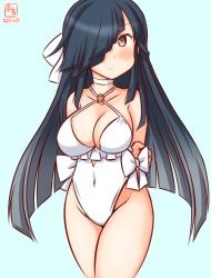 Rule 34 | 1girl, alternate breast size, alternate costume, arms behind back, artist logo, black hair, blue background, breasts, brown eyes, casual one-piece swimsuit, choker, collarbone, cosplay, covered navel, cowboy shot, dated, frilled one-piece swimsuit, frilled swimsuit, frills, hair over one eye, hayashimo (kancolle), highleg, highleg swimsuit, hime cut, kanon (kurogane knights), kantai collection, large breasts, long hair, one-hour drawing challenge, one-piece swimsuit, sagiri (kancolle), sagiri (kancolle) (cosplay), simple background, solo, swimsuit, very long hair, white choker, white one-piece swimsuit
