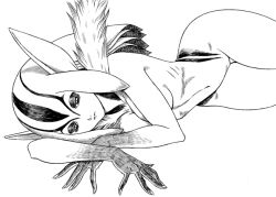 Rule 34 | ao no roku-gou, breasts, cleavage, colored skin, cowboy shot, greyscale, lying, monochrome, monster girl, multicolored skin, mutio, pointy ears, simple background, tsukimikun, white background