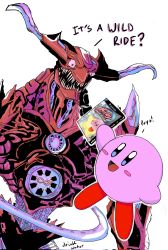 Rule 34 | 1boy, 1other, ?, artist request, blue eyes, blush, blush stickers, crossover, hat, highres, holding, kirby, kirby (series), kirby air ride, monster, nintendo, no humans, open mouth, simple background, smile, white background, xenoblade chronicles (series), xenoblade chronicles 3