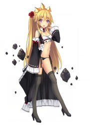 Rule 34 | &gt;:o, 1girl, :o, arm at side, bare shoulders, black footwear, black panties, black ribbon, black thighhighs, blush, bow, breasts, cape, cleavage, detached collar, detached sleeves, floating, floating object, floating rock, flower, full body, groin, hair between eyes, hair flower, hair ornament, hairband, hand up, hands in opposite sleeves, high heels, long hair, long sleeves, looking at viewer, midriff, navel, open mouth, original, panties, pink eyes, red bow, red flower, revealing clothes, ribbon, ribbon-trimmed sleeves, ribbon trim, shoes, side-tie panties, small breasts, solo, standing, stomach, takibi (tamikyo), thighhighs, tsurime, underwear, v-shaped eyebrows, very long hair, waist cape