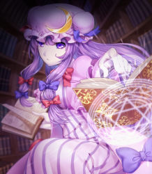 Rule 34 | 1girl, blurry, blurry background, book, bookshelf, casting spell, commentary, crescent, crescent hat ornament, double bun, dress, expressionless, grimoire, hair bun, hat, hat ornament, hexagram, holding, holding book, long hair, looking at viewer, magic circle, mob cap, monoton (neoteto), open book, open clothes, open robe, outstretched arm, pale skin, patchouli knowledge, purple eyes, purple hair, purple hat, purple robe, robe, sidelocks, sitting, solo, striped clothes, striped dress, touhou, very long hair