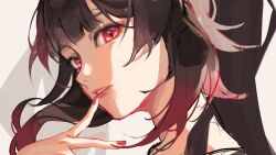 Rule 34 | 1girl, black hair, close-up, commentary, grey background, highres, honkai: star rail, honkai (series), long hair, looking at viewer, nail polish, parted lips, pluvioseprince, red eyes, red nails, solo, sparkle (honkai: star rail)