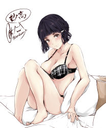 Rule 34 | 10s, 1girl, :3, artist name, bare arms, bare legs, bare shoulders, barefoot, bed sheet, black hair, black panties, blunt bangs, blush, bra, breasts, brown eyes, character name, cleavage, closed mouth, collarbone, hair ornament, hairclip, head tilt, highres, kantai collection, knees up, looking at viewer, medium breasts, myoukou (kancolle), panties, pillow, plaid, plaid bra, rizzl, sheet grab, signature, simple background, sitting, smile, solo, strap gap, underwear, underwear only, white background