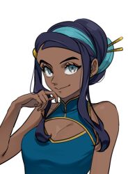 Rule 34 | 1girl, alternate costume, alternate hairstyle, blue dress, blue eyes, china dress, chinese clothes, cleavage cutout, clothing cutout, creatures (company), dark skin, dress, earrings, echizen (n fns17), game freak, hair up, hand on own face, highres, jewelry, looking at viewer, nessa (pokemon), nintendo, pokemon, pokemon swsh, smile, solo, white background