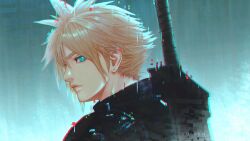 Rule 34 | 1boy, absurdres, armor, blonde hair, blue eyes, buster sword, closed mouth, cloud strife, commentary, earrings, english commentary, final fantasy, final fantasy vii, final fantasy vii rebirth, final fantasy vii remake, from side, highres, huge weapon, jewelry, lips, male focus, portrait, ribbed sweater, short hair, shoulder armor, solo, spiked hair, stud earrings, suixen, sweater, sword, turtleneck, turtleneck sweater, upper body, weapon, weapon on back
