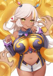 Rule 34 | 1girl, 1other, breasts, dark-skinned female, dark skin, eyebrows, frilled sleeves, frills, highres, iwao (pixiv258710), large breasts, long hair, looking at viewer, nail, naughty face, navel, nea (princess connect!), pointy ears, pov, pov hands, princess connect!, sexually suggestive, smile, source request, sweat, tagme, tongue, tongue out, white background, white hair, yellow eyes, zipper