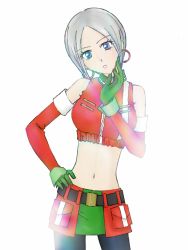 Rule 34 | 1girl, bare shoulders, belt, blue eyes, breasts, contrapposto, cowboy shot, earrings, elbow gloves, gloves, green gloves, grey hair, hand on own hip, head tilt, hoop earrings, ines lorenzen, jewelry, large breasts, midriff, miniskirt, navel, pantyhose, parted lips, short hair, simple background, skirt, solo, tales of (series), tales of hearts, white background
