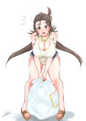 Rule 34 | 1girl, :d, absurdres, bag, blue shorts, blush, breasts, brown eyes, brown hair, casual, cleavage, commentary request, contemporary, cutoff jeans, cutoffs, fate/grand order, fate (series), highres, himiko (fate), holding, holding bag, huge breasts, large breasts, leaning forward, long hair, looking at viewer, magatama, magatama necklace, mi (user cfhn8773), necklace, open mouth, sandals, shirt, shorts, sleeveless, sleeveless shirt, smile, solo, standing, twintails, very long hair, white shirt