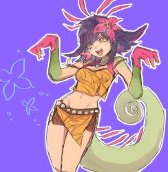 Rule 34 | 1girl, blue hair, body markings, breasts, colored skin, flower, hair flaps, hair flower, hair ornament, league of legends, long tail, loose clothes, medium hair, multicolored hair, multicolored skin, neeko (league of legends), open mouth, skirt, solo, tail, tank top, teeth, yellow eyes