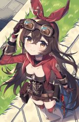 Rule 34 | 1girl, amber (genshin impact), breasts, brown eyes, brown hair, cleavage, cropped jacket, genshin impact, goggles, hair ornament, highres, jacket, medium breasts, open clothes, open jacket, shorts, smile, solo, wagashi928