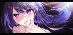 Rule 34 | 1girl, :q, absurdres, bare shoulders, blurry, blush, close-up, closed mouth, commentary request, depth of field, hair between eyes, hand on own cheek, hand on own face, hand up, highres, hoshino ai (oshi no ko), letterboxed, long hair, looking at viewer, nail, oshi no ko, purple eyes, purple hair, siole, smile, solo, star-shaped pupils, star (symbol), symbol-shaped pupils, tongue, tongue out, twitter username