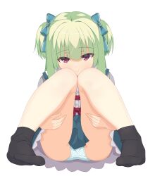 Rule 34 | 1girl, absurdres, aqua panties, black socks, blue bow, blunt bangs, blunt ends, blush, bow, closed mouth, commentary, eyelashes, eyes visible through hair, frilled skirt, frills, green hair, green skirt, hair bow, hands on own thighs, highres, kaon zz, knees together feet apart, knees up, long hair, looking at viewer, miniskirt, murasame (senren), no shoes, official alternate costume, panties, polka dot, polka dot panties, red eyes, school uniform, senren banka, simple background, sitting, skirt, smile, socks, solo, thighs, tsurime, two side up, underwear, upturned eyes, white background