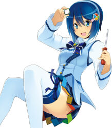 Rule 34 | 1girl, :d, absurdres, arm up, blue bow, blue bowtie, blue hair, blue hairband, blue ribbon, blue skirt, blue vest, blush, bow, bowtie, collared shirt, hair between eyes, hair ornament, hairband, hairclip, highres, holding, long sleeves, madobe nanami, medium hair, miniskirt, multicolored eyes, open mouth, os-tan, plaid, plaid skirt, pleated skirt, ribbon, screwdriver, shirt, simple background, skirt, smile, solo, thighhighs, vest, white background, white shirt, white thighhighs, wing collar, zettai ryouiki