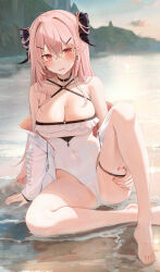 Rule 34 | 1girl, bare shoulders, barefoot, black choker, blush, breasts, cameltoe, choker, cleavage, cleft of venus, collarbone, covered navel, earrings, feet, hair ornament, highres, horns, jacket, jewelry, large breasts, long hair, long sleeves, looking at viewer, mole, mole on breast, mole under eye, nail polish, off shoulder, one-piece swimsuit, original, outdoors, parted lips, pink hair, pointy ears, red eyes, ru zhai, see-through, sitting, slit pupils, solo, swimsuit, thigh strap, thighs, toes, water, wet, white jacket, white one-piece swimsuit