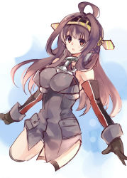Rule 34 | 1girl, :o, ahoge, aki (o2x x2o), armpits, bad id, bad pixiv id, bismarck (kancolle) (cosplay), bismarck (kancolle), brown eyes, brown hair, cosplay, cropped legs, elbow gloves, gloves, hairband, kantai collection, kongou (kancolle), long hair, open mouth, solo, thighhighs