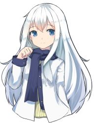 Rule 34 | 10s, 1girl, absurdres, bad id, bad pixiv id, blue eyes, blue scarf, cropped torso, hair between eyes, hibiki (kancolle), highres, kantai collection, kure (kure ng), long hair, looking at viewer, scarf, silver hair, simple background, smile, solo, very long hair, white background