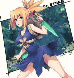 Rule 34 | 1girl, blonde hair, blue eyes, blue skirt, breasts, cleavage, copyright name, dated, dr. stone, dual wielding, holding, holding knife, knife, kohaku (dr. stone), kuma yuu, looking at viewer, medium breasts, outdoors, rope, sidelocks, skirt, solo, spiked hair, standing, tree