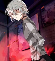 Rule 34 | 1boy, accelerator (toaru majutsu no index), anninn do fu, closed mouth, commentary request, cowboy shot, electrodes, from below, hair between eyes, hand in pocket, highres, long sleeves, looking at viewer, male focus, red eyes, shirt, short hair, solo, striped clothes, striped shirt, toaru majutsu no index, toaru majutsu no index: old testament, white hair