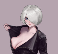 Rule 34 | 1girl, angel (kof), blue eyes, booger wang, breasts, cleavage, collarbone, commentary request, grey background, hair over one eye, highres, holding, jacket, leather, leather jacket, lips, long sleeves, looking at viewer, medium breasts, open clothes, pale skin, parted lips, seductive smile, short hair, simple background, smile, solo, teasing, the king of fighters, upper body, white hair, zipper