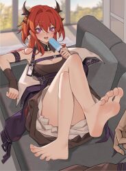 Rule 34 | 1girl, arknights, barefoot, breasts, cleavage, couch, crossed legs, feet, food, horns, long hair, medium breasts, popsicle, purple eyes, red hair, soles, surtr (arknights), toes, tongue, tongue out