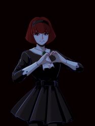 Rule 34 | 1girl, ascot, black dress, black eyes, black hairband, bob cut, bright pupils, dress, expressionless, hairband, heart, heart hands, highres, long sleeves, looking at viewer, megadeus mommy, pale skin, r dorothy wayneright, red hair, short hair, solo, the big o