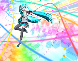Rule 34 | 1girl, 3d, aqua eyes, aqua hair, aqua necktie, aqua skirt, bare shoulders, black footwear, black skirt, black sleeves, black thighhighs, breasts, eyebrows hidden by hair, grey shirt, hair between eyes, hatsune miku, headphones, highres, holding, holding microphone stand, long hair, looking at viewer, microphone, microphone stand, multicolored background, necktie, official art, open mouth, outstretched arm, petite, project diva (series), shirt, skirt, sleeveless, sleeveless shirt, small breasts, solo, thighhighs, twintails, very long hair, vocaloid, wide sleeves, zettai ryouiki