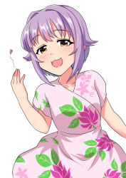 Rule 34 | 1girl, :3, :d, blush, brown eyes, collarbone, commentary request, dress, floral print, hair flaps, hand up, heart, idolmaster, idolmaster cinderella girls, koshimizu sachiko, leaning to the side, looking at viewer, momoda yasuhito, open mouth, pink dress, print dress, purple hair, simple background, smile, solo, white background