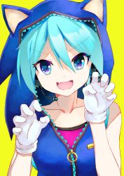 Rule 34 | 1girl, aqua eyes, aqua hair, bare shoulders, blue jacket, claw pose, collarbone, commentary, cosplay, fang, gloves, hatsune miku, headset, hedgehog ears, highres, hood, hoodie, jacket, looking at viewer, microphone, open mouth, ring (sonic), skin fang, sleeveless, sleeveless jacket, smile, solo, sonic (series), sonic the hedgehog, sonic the hedgehog (cosplay), takepon1123, upper body, v-shaped eyebrows, vocaloid, white gloves, yellow background, zipper pull tab