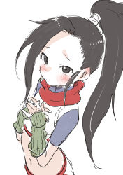 Rule 34 | 1girl, absurdres, asymmetrical bangs, black eyes, black hair, blush, closed mouth, elbow gloves, fingerless gloves, forehead, gloves, green gloves, hands up, high ponytail, highres, kunoichi tsubaki no mune no uchi, long hair, looking at viewer, navel, official art, own hands together, ponytail, short sleeves, sidelocks, simple background, solo, tsubaki (kunoichi tsubaki no mune no uchi), very long hair, white background, yamamoto souichirou