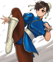 Rule 34 | 1girl, blue dress, boots, bracelet, breasts, brown eyes, brown hair, brown pantyhose, bun cover, capcom, china dress, chinese clothes, chun-li, cross-laced footwear, donburi (donburikazoku), double bun, dress, earrings, eyeshadow, fighting stance, hair bun, hair pulled back, highres, jewelry, knee boots, lace-up boots, leg up, makeup, medium breasts, pantyhose, pelvic curtain, puffy short sleeves, puffy sleeves, sash, short hair, short sleeves, solo, spiked bracelet, spikes, standing, street fighter, swept bangs, thick eyebrows, thighs, white footwear