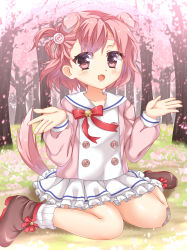 Rule 34 | 1girl, :d, animal ears, azur lane, bandaid, bandaid on knee, bandaid on leg, bell, blush, boots, bow, brown footwear, candy, candy hair ornament, cherry blossoms, collarbone, commentary request, day, dog ears, dog girl, dog tail, extra ears, fingernails, flower, food, food-themed hair ornament, frilled skirt, frills, fuyukichi (nikoniko1567), hair ornament, hanami, hands up, highres, jingle bell, kindergarten uniform, lollipop, long sleeves, looking at viewer, one side up, open mouth, outdoors, pink flower, pink hair, pink shirt, pleated skirt, puffy long sleeves, puffy sleeves, red bow, red eyes, sailor collar, shirt, short hair, sitting, skirt, smile, socks, solo, swirl lollipop, tail, tail raised, thick eyebrows, tree, uzuki (azur lane), wariza, white sailor collar, white skirt, white socks
