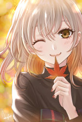 Rule 34 | 1girl, ;), autumn, autumn leaves, black shirt, blurry, blurry background, brown eyes, brown hair, gradient hair, highres, holding, holding leaf, kuroneko w1nter, leaf, long hair, long sleeves, looking at viewer, maple leaf, multicolored hair, nail polish, one eye closed, original, red nails, shirt, signature, silver hair, smile, solo, upper body