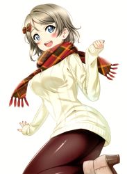 Rule 34 | 1girl, :d, absurdres, black pantyhose, blue eyes, blush, boots, bow, breasts, brown footwear, brown hair, brown pantyhose, clenched hand, grey hair, hair bow, hair ornament, hand up, happy, high heel boots, high heels, highres, large breasts, looking at viewer, love live!, love live! school idol festival, love live! sunshine!!, open mouth, pantyhose, plaid, plaid bow, plaid scarf, sankuro (agoitei), scan, scarf, short hair, simple background, sleeves past wrists, smile, solo, sweater, watanabe you, white background, white sweater