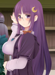 Rule 34 | 1girl, bespectacled, blunt bangs, blush, book, bookshelf, breast rest, breasts, capelet, crescent, crescent hair ornament, glasses, hair ornament, indoors, jewelry, kozue akari, large breasts, long hair, long sleeves, looking at viewer, patchouli knowledge, pendant, purple eyes, purple hair, solo, touhou, upper body, very long hair